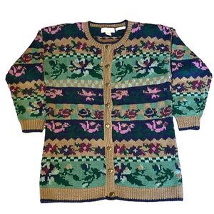 Vintage 1990s Women Sz L Paris Sport Club Floral Knitted Cardigan Button